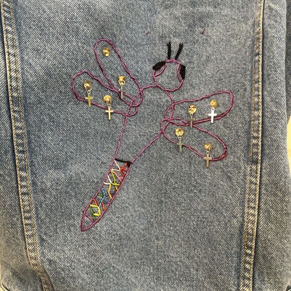 Upcycled Blue Denim Jean Jacket Medium Refashion Custom Design Dragon Fly - Picture 2 of 9